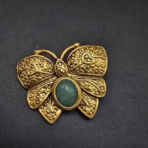 Jade Scarab Butterfly Brooch Gold Tone Signed TS Costume Jewelry Bug Insect